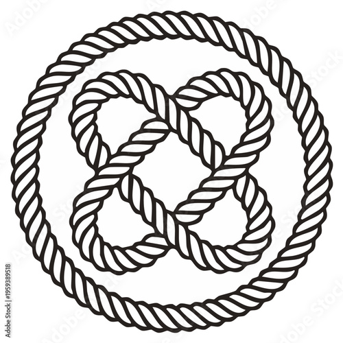 Decorative Bowen knot made of twisted rope inside a circular nautical frame