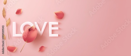 Romantic Love text with pink tulip and rose petals on a pastel background