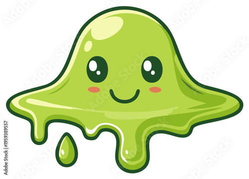 Cute Green Slime Cartoon Character with Smiling Expression and Dripping Texture