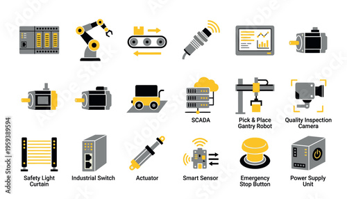 Industrial automation and robotics technology icons.