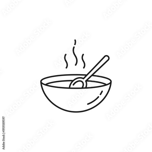 Simple Line Drawing of Hot Steaming Soup in a Bowl with Spoon