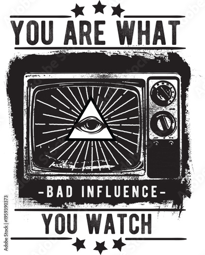 You are what you watch all-seeing eye tv graphic with black and white