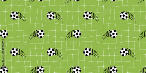 Soccer ball pattern seamless football texture and boy sport vector. Design doodle print for gingham border cute and hexagon bg world cup. Soccer background wallpaper for seamless net graphic