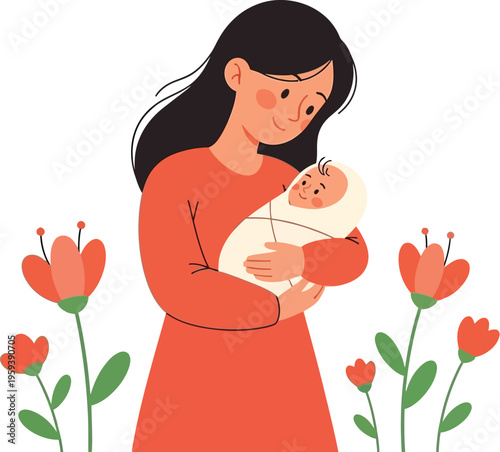 Smiling mother wearing a red dress lovingly holds a swaddled newborn baby surrounded by large orange flowers on a white backdrop.