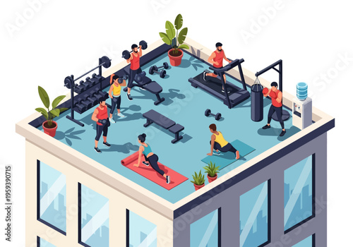 Isometric illustration of people exercising on a rooftop gym with modern equipment, weights, treadmill and punching bag