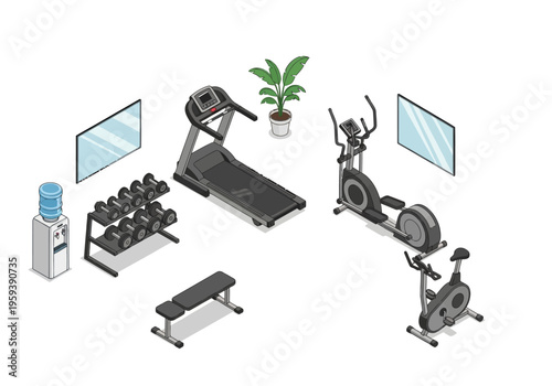 Isometric home gym with exercise machines, dumbbells, and a water cooler for fitness and wellness