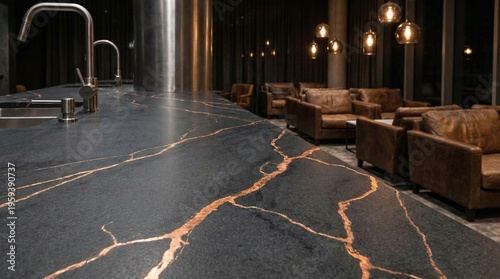 A sleek modern countertop made of dark stone with distinctive copper veins, featuring stylish stainless steel faucets in a luxurious contemporary lounge space.