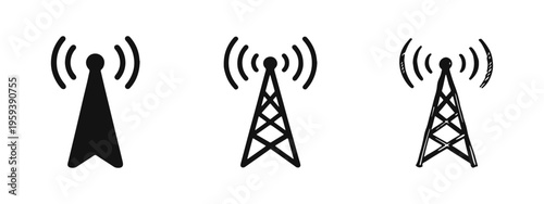 Mobile cell tower antenna icon set. Telecommunication and signal broadcast symbol.