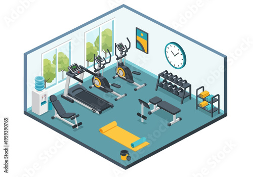 Isometric gym interior with cardio machines, weights, and yoga mat for fitness