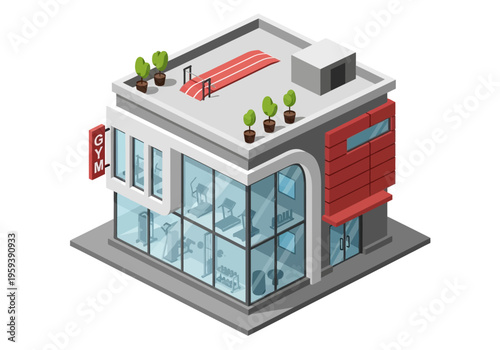 Isometric modern gym building with exercise equipment and a red mat on the rooftop