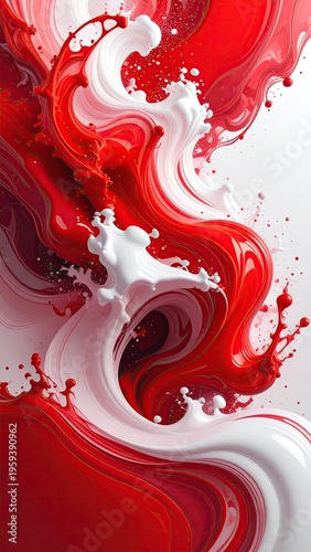 Red & white swirling paints, dynamic splashes, high contrast