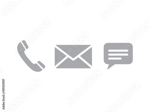 Three simple gray icons representing phone call, email, and text message communication methods are aligned horizontally.