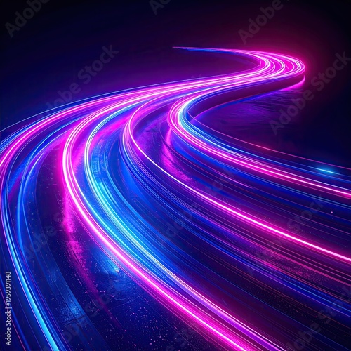 Neon lines streak across a dark surface in blues and pinks