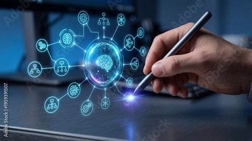 Creative technology engagement macro shot of professional hand using stylus on digital interface modern workspace macro photography innovation