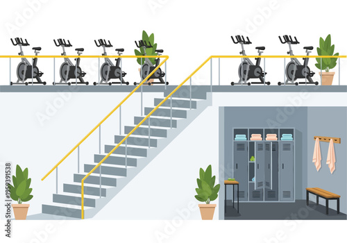 Modern gym interior with cardio equipment and locker room, contemporary fitness space design