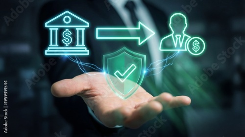Bank transfer security protecting user transactions financial services infographic digital environment close-up view professional concept