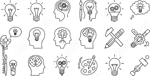 Black and white line of lightbulbs and human heads with creative ideas inspiration innovation