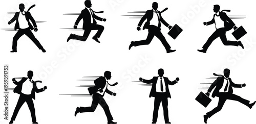 Black and white vector illustration set of eight businesspeople silhouettes running and walking with briefcases, symbolizing urgency, ambition, and fast-paced corporate life.