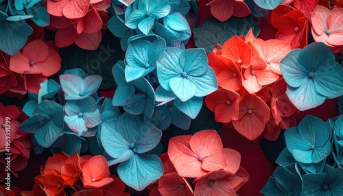 A close-up abstract view of a vibrant hydrangea bloom cluster in contrasting colors of blue and red.