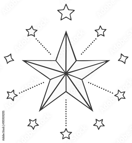 Stylized central five-pointed star surrounded by smaller outline stars and dotted lines, vector art.