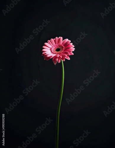 A single pink Gerbera daisy with a dark center stands tall against a black background.