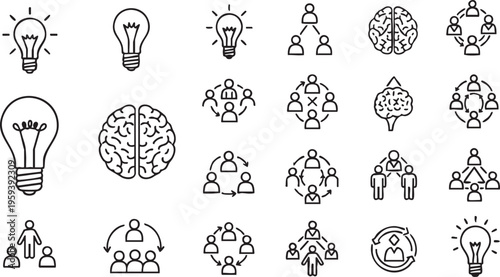 Black and white line of people and lightbulbs line black and white brains teamwork