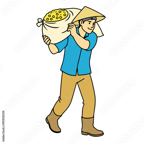 Illustration of Asian Farmer Carrying a Sack of Harvest