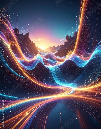 Luminous trails flow across a mountain, sunset backdrop