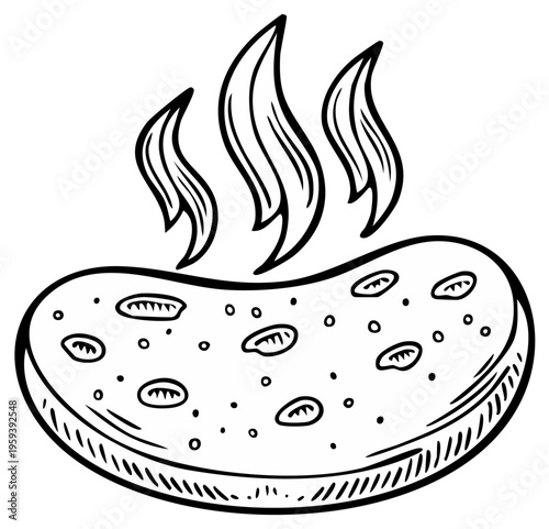 Fresh Hot Bread Loaf Hand-Drawn Line Art. Warm Baked Round Bun with Smoke and Crispy Crust.