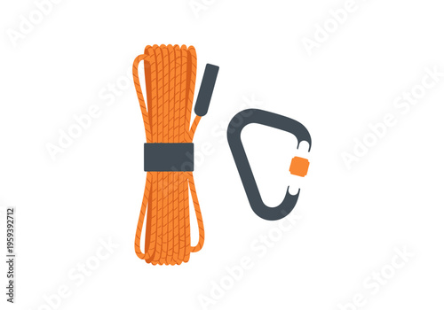Close-up of coiled rope and carabiner on a white background
