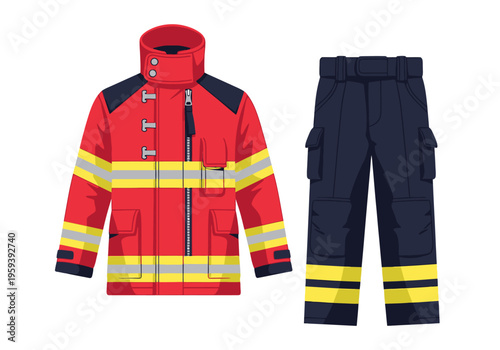 Firefighter uniform red jacket with yellow stripes and blue pants