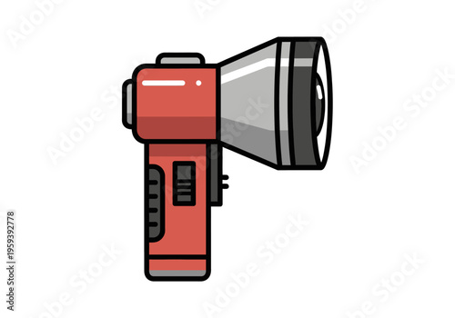 Red flashlight illustration with a bright metallic reflector and a black lens with a handle featuring a red switch
