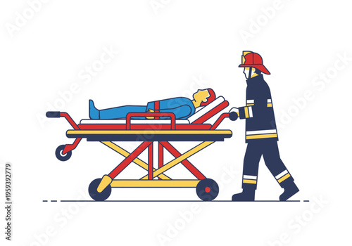 Firefighter Pushing a Patient on a Stretcher During an Emergency Rescue Operation