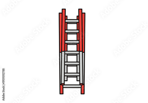 Simple illustration of a red and silver ladder standing upright against a white background, perfect for construction and DIY projects