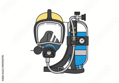 Illustration of a scuba diving mask and air tank, featuring a professional breathing apparatus for underwater exploration