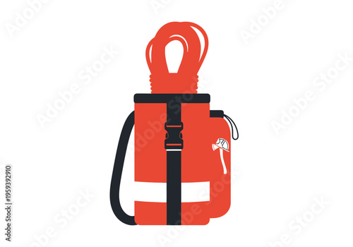 Red safety life vest with rope and buckle, isolated on white background, illustration