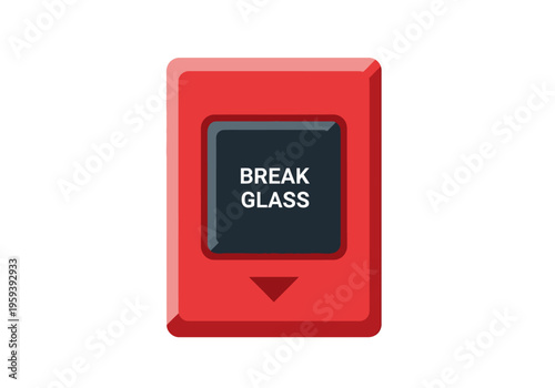 Red fire alarm manual call point with 'BREAK GLASS' instruction, a safety device for emergencies