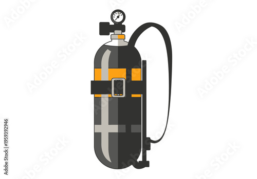 Breathing apparatus cylinder with straps and pressure gauge, safety equipment for divers and firefighters