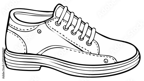 Isolated black and white outline drawing of a canvas shoe with laces
