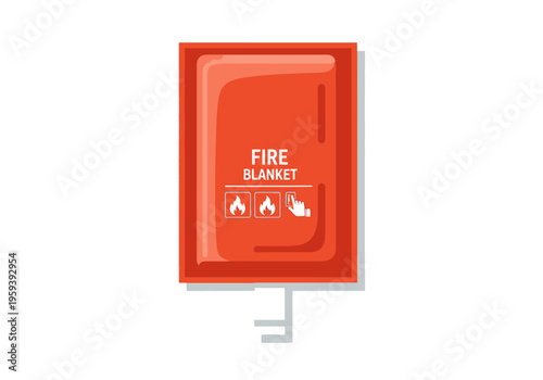 Red fire blanket in a wall-mounted box with icons for fire and hand safety instructions