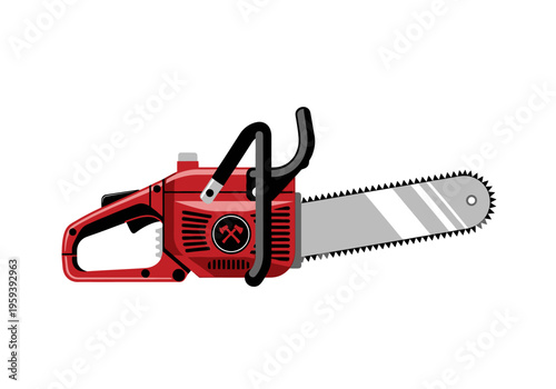 Classic red chainsaw on white background with metallic bar and teeth detail for cutting wood