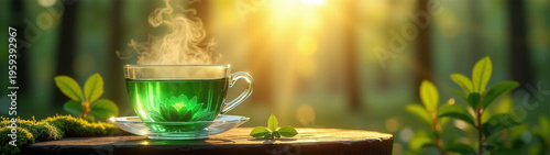 Ultra wide panorama of emerald herbal tea in crystal cup with steam in sunny forest