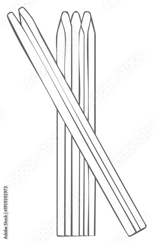 Minimalist line art illustration of sharpened wooden stakes vertically arranged with one leaning diagonally