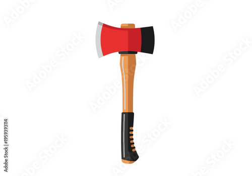 A sharp red and black axe with a wooden handle, perfect for chopping and woodworking tasks