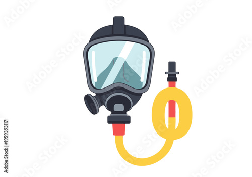 Vector Illustration of a Black and Gray Gas Mask with Yellow Hose on White Background