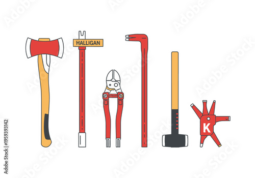 Collection of various construction and firefighting tools including axes, halligan bars, and cutters, rendered in a vector illustration style