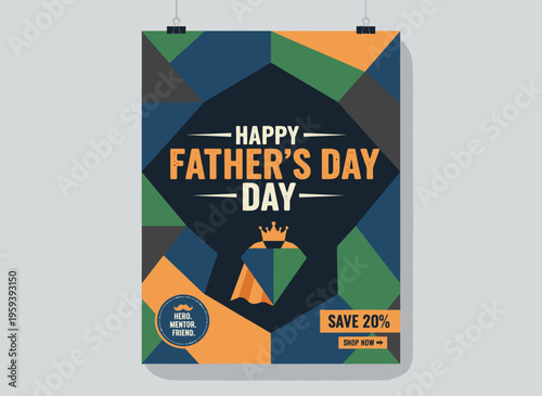 Vibrant geometric poster celebrates Father's Day with colorful shapes and discounts
