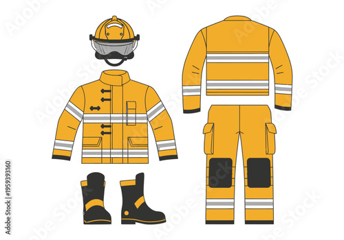 Firefighter uniform and protective gear helmet, jacket, pants, and boots