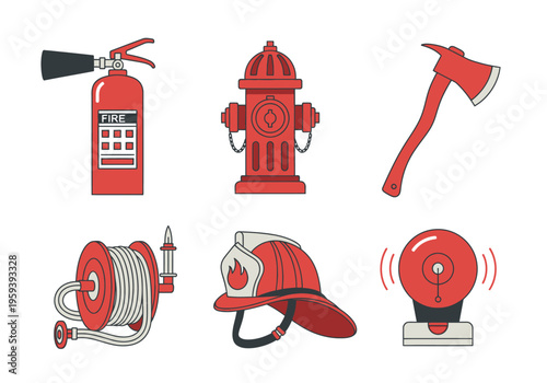 Collection of firefighting equipment and tools, including a fire extinguisher, hydrant, axe, hose reel, helmet, and alarm