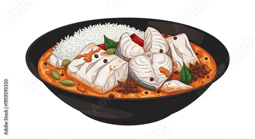 Fish curry with rice in a bowl, garnished with spices and herbs